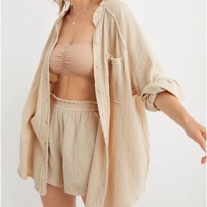 Aerie Pool-To-Party Cover Up Medium soft Oat Cream Button Down Gauze NWOT